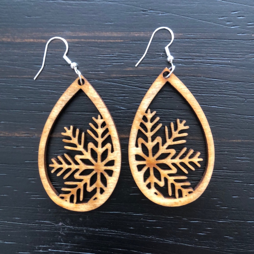 Sterling Silver Wooden Snowflake Earrings